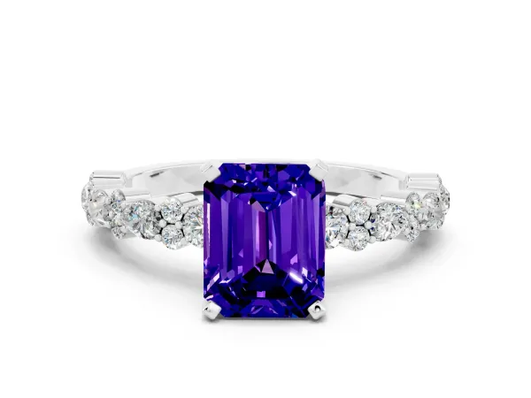 Emerald Cut Tanzanite Side Stone Solitaire Ring with Round and Four-Prong Setting White gold