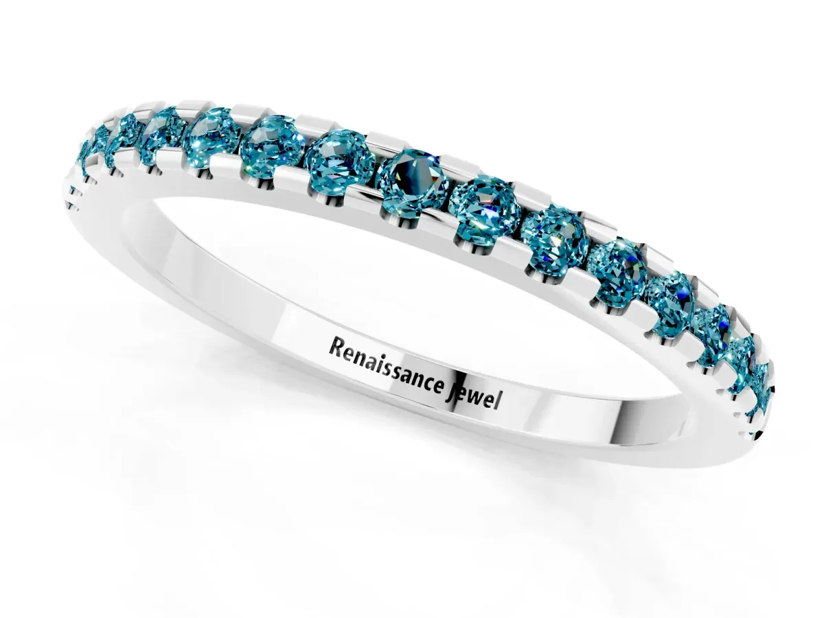 Round Blue Topaz Pavé Set Eternity Band with Micro Prong Setting Silver