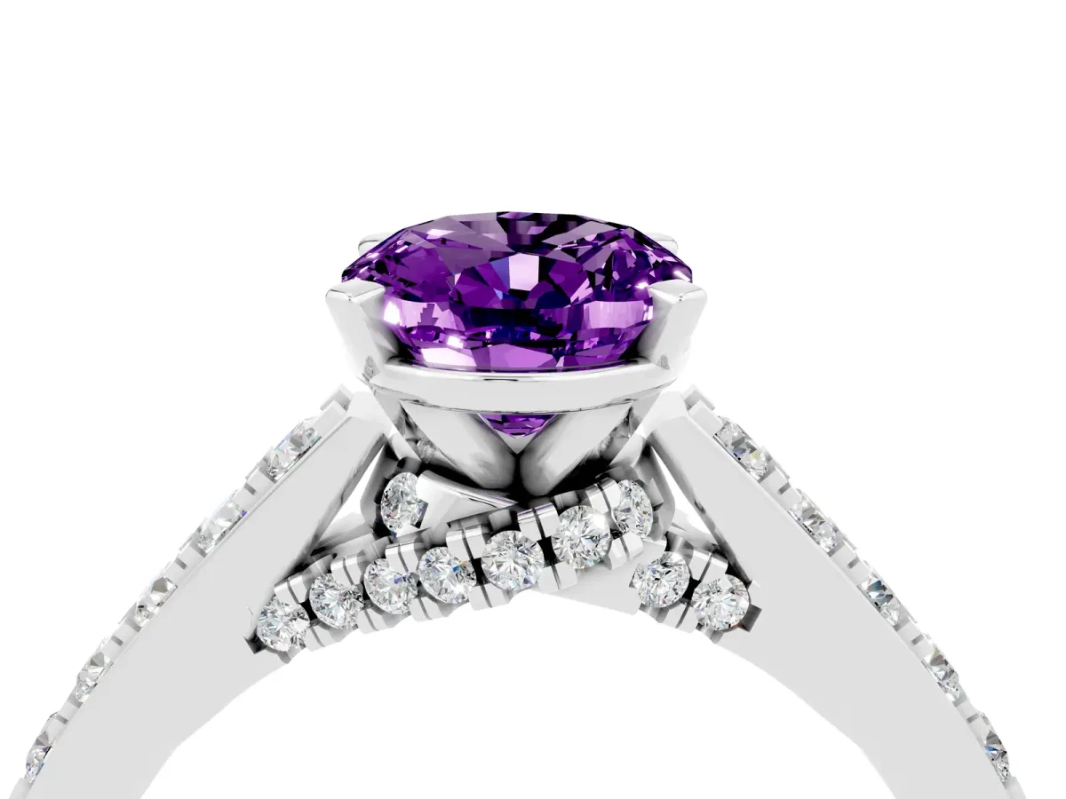 Oval Cut Amethyst Solitaire Ring with Crossover Gallery and Round Pavé Band Silver