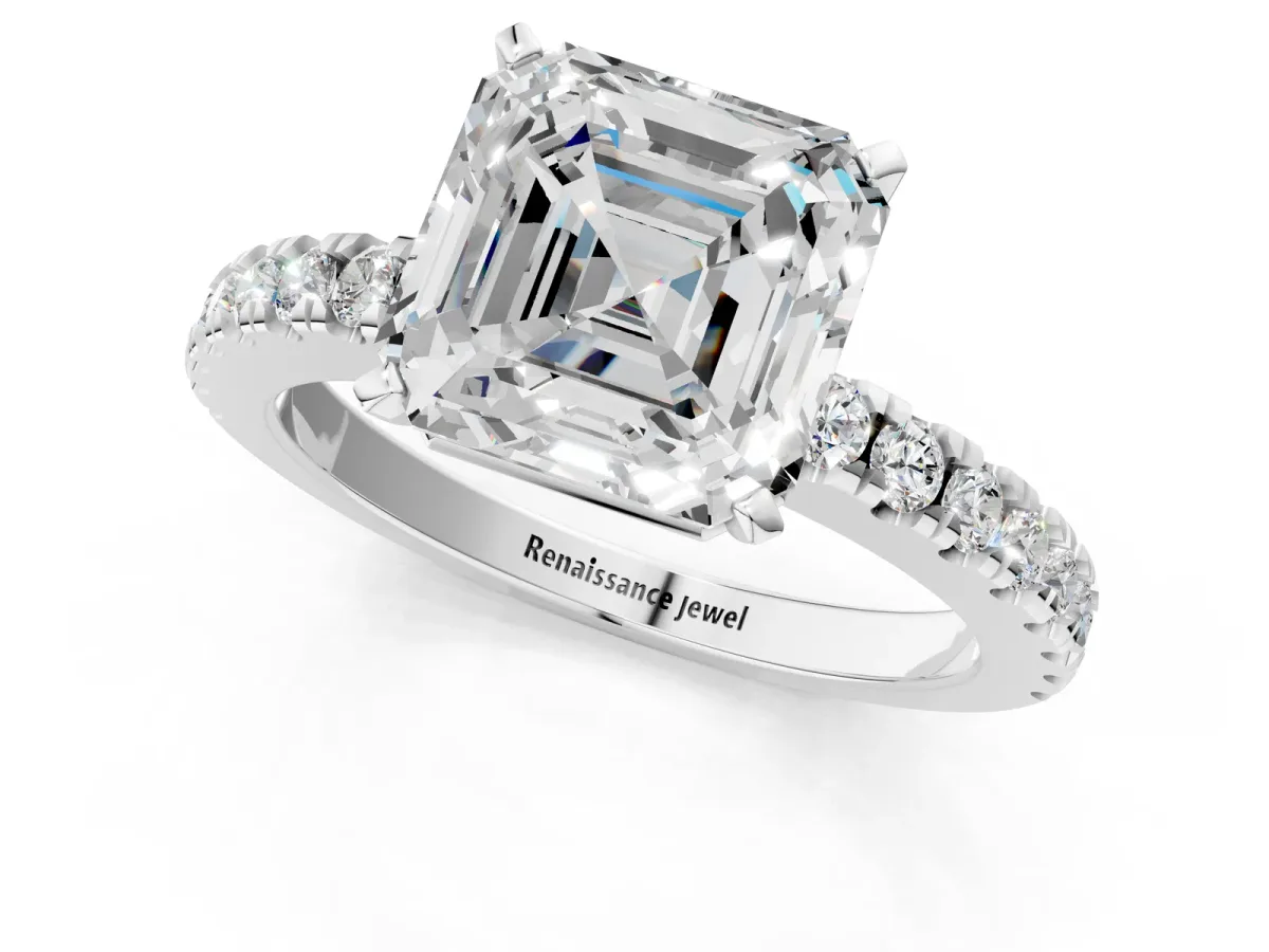 Asscher Cut Solitaire Diamond with Pavé Band and Four-Prong Setting Silver
