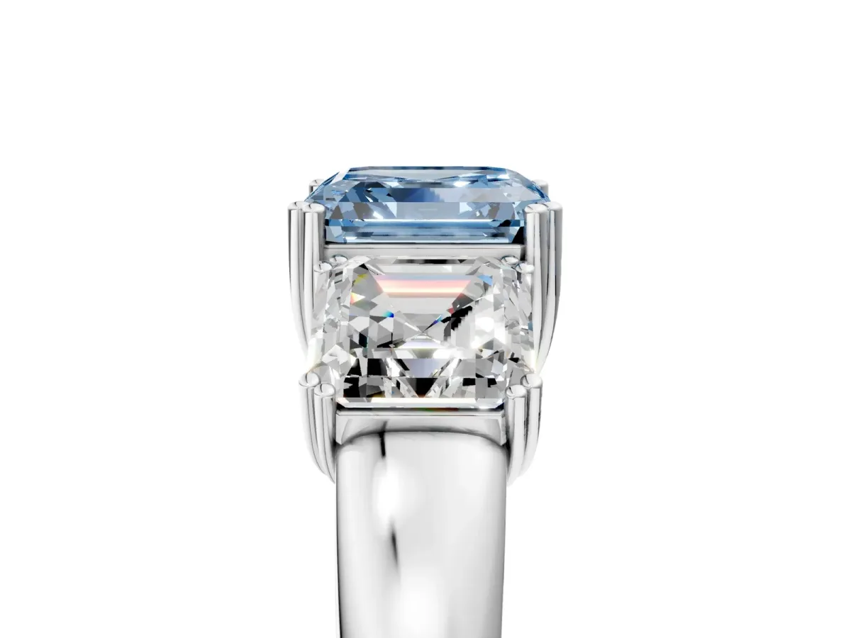 Fancy Blue Three-Stone Asscher Cut Cut Diamond Ring with Channel Set Band and Four-Prong Setting Silver