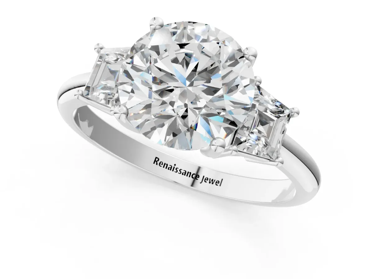 Round Cut Diamond Three-Stone Ring with Trapezoid Side Stones and Prong Setting Platinum