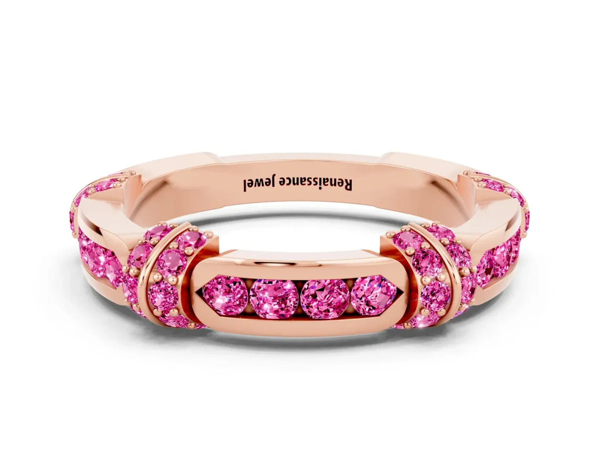Pavé Round Pink Sapphire Link Band with Bezel Setting Rose gold