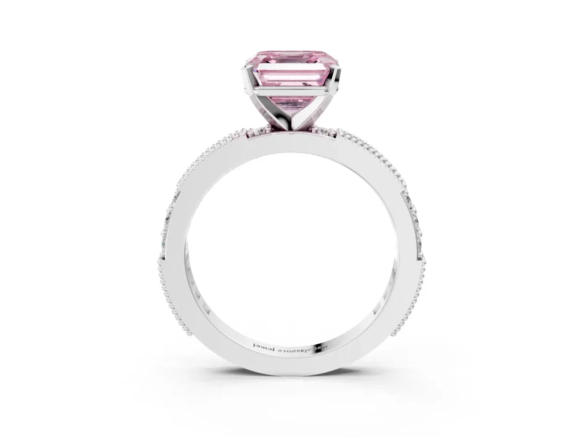 Fancy Pink Asscher Cut Solitaire with Pavé Band and Four-Prong Setting Silver
