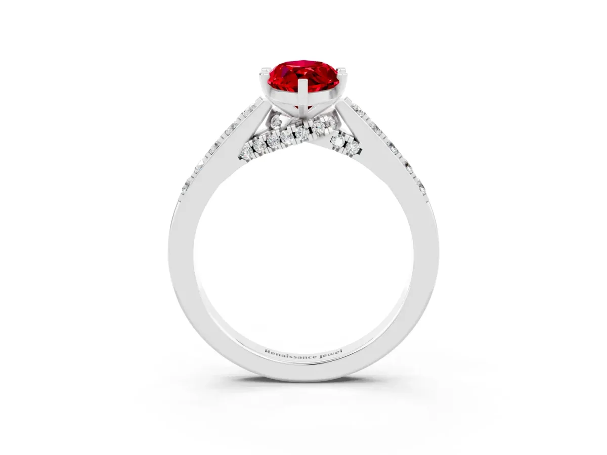 Marquise Cut Ruby Solitaire Ring with Crossover Gallery and Round Pavé Band Platinum