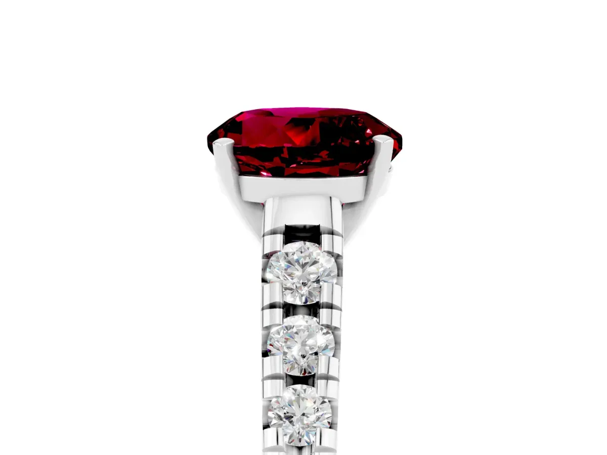 Round Cut Garnet Cathedral Solitaire Ring with Round Pavé Band Platinum
