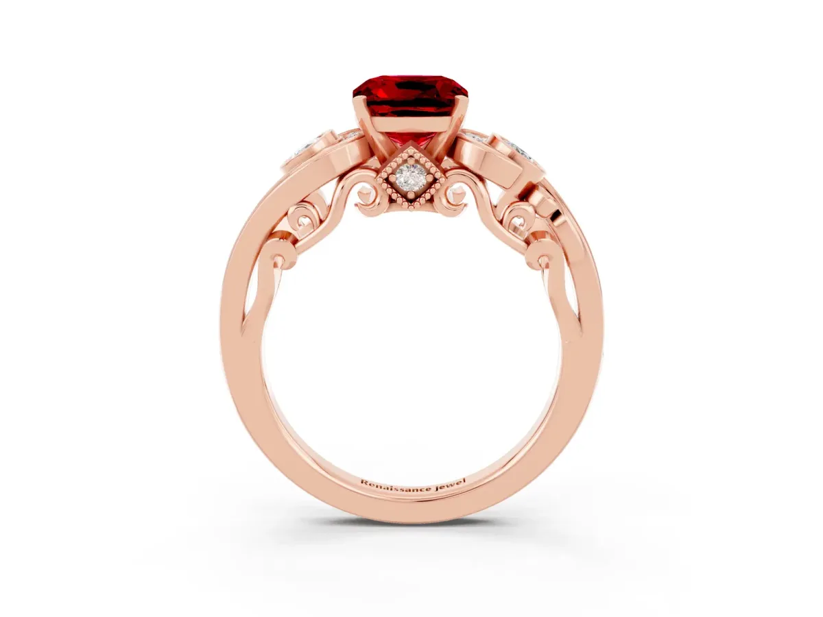 Cushion Cut Ruby Solitaire Ring with Milgrain Pavé Band and Four-Prong Setting Rose gold