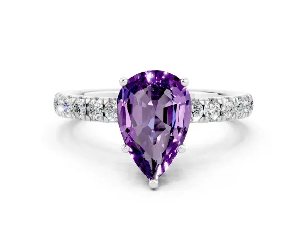 Pear Cut Amethyst Pave Band Solitaire Ring with Round and Prong Setting White gold