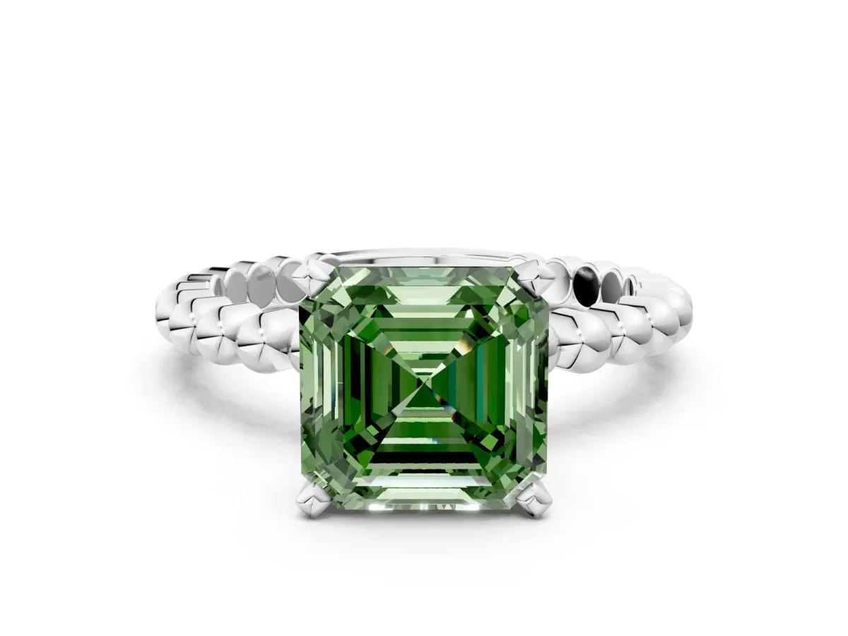 Fancy Green Asscher Cut Diamond Solitaire Ring with Beaded Band and Prong Setting Silver