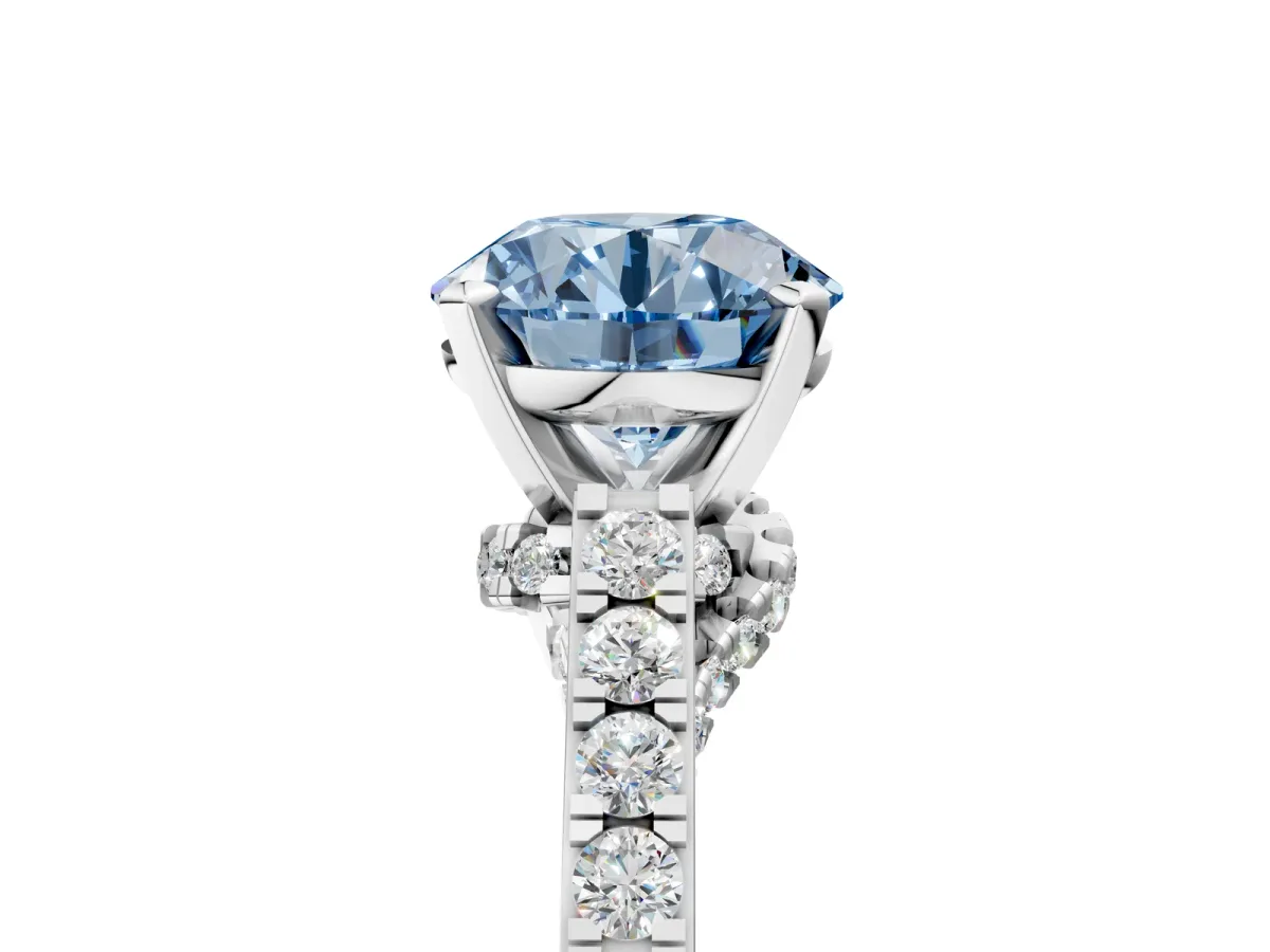 Fancy Blue Round Cut Diamond Solitaire Ring with Crossover Gallery and Round Pavé Band Silver