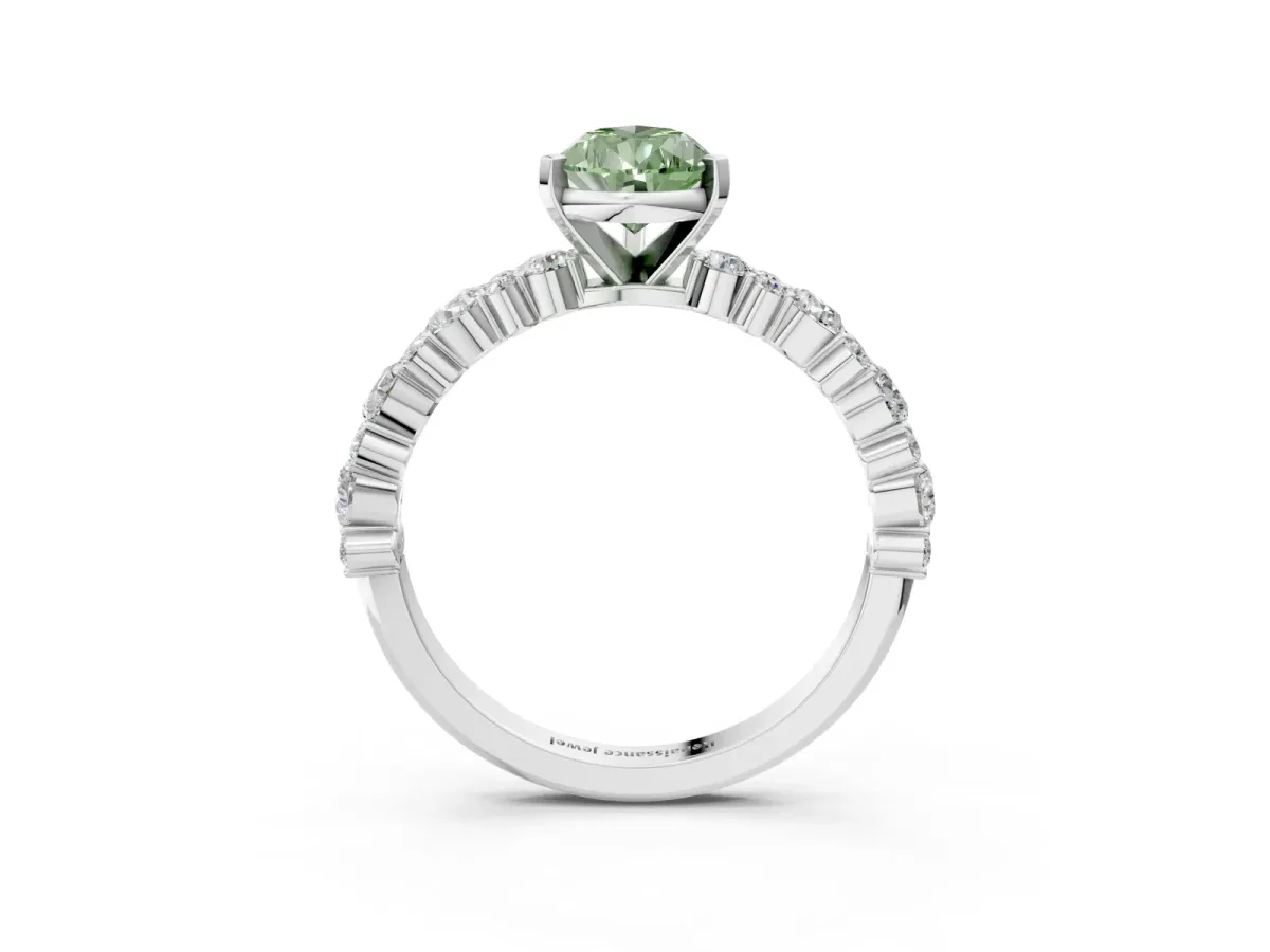 Fancy Green Pear Cut Diamond Side Stone Solitaire Ring with Round and Four-Prong Setting Platinum