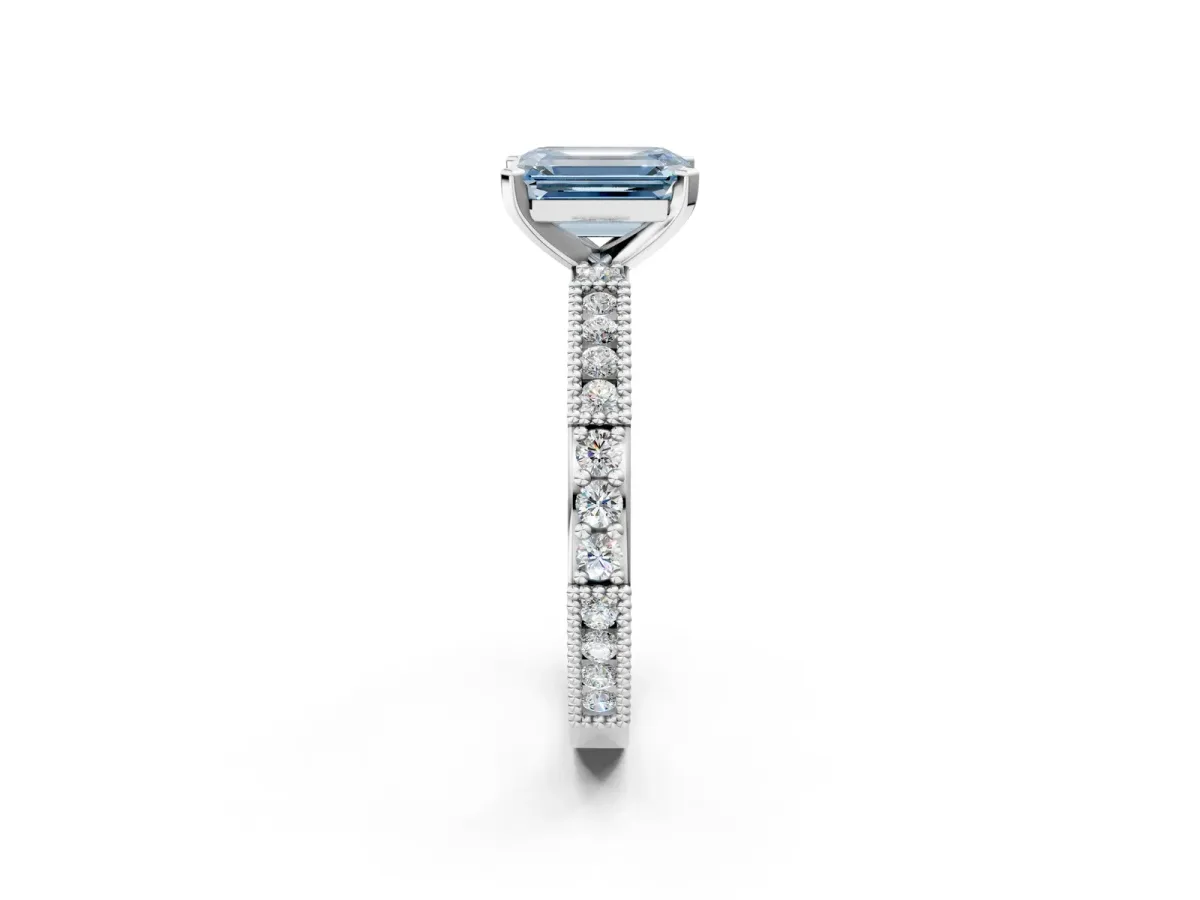 Fancy Blue Emerald Cut Solitaire with Pavé Band and Four-Prong Setting Silver