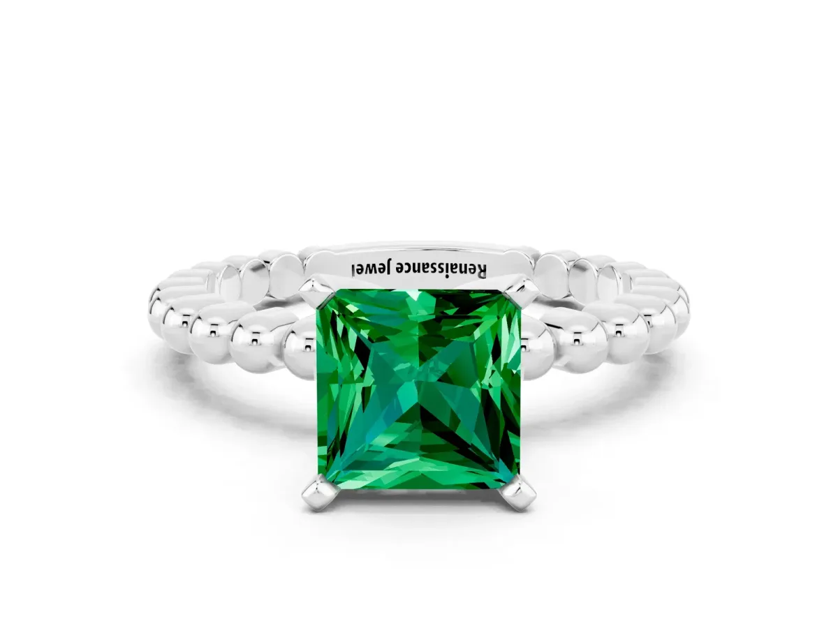 Princess Cut Emerald Solitaire Ring with Beaded Band and Prong Setting Silver