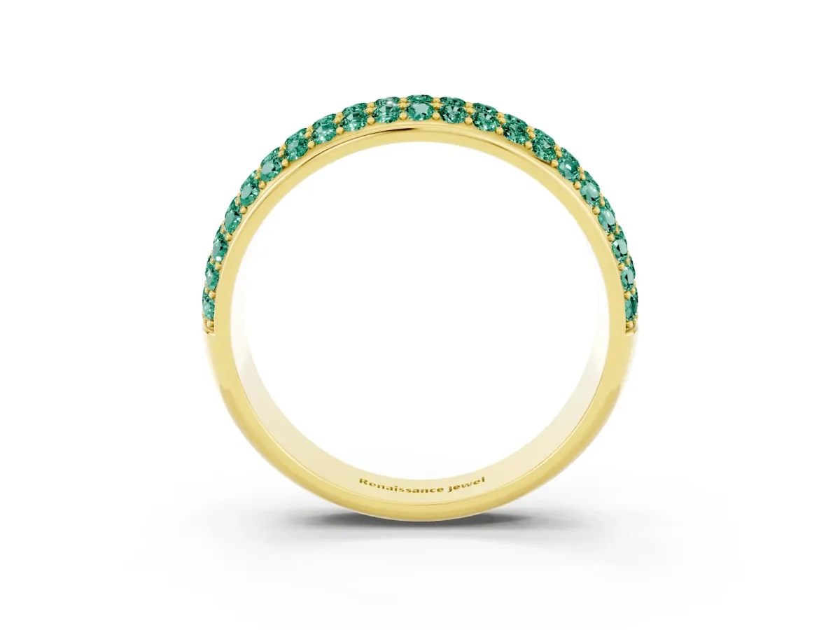 Three-Row Round Green Sapphire Eternity Band with Shared Prong Setting Yellow gold