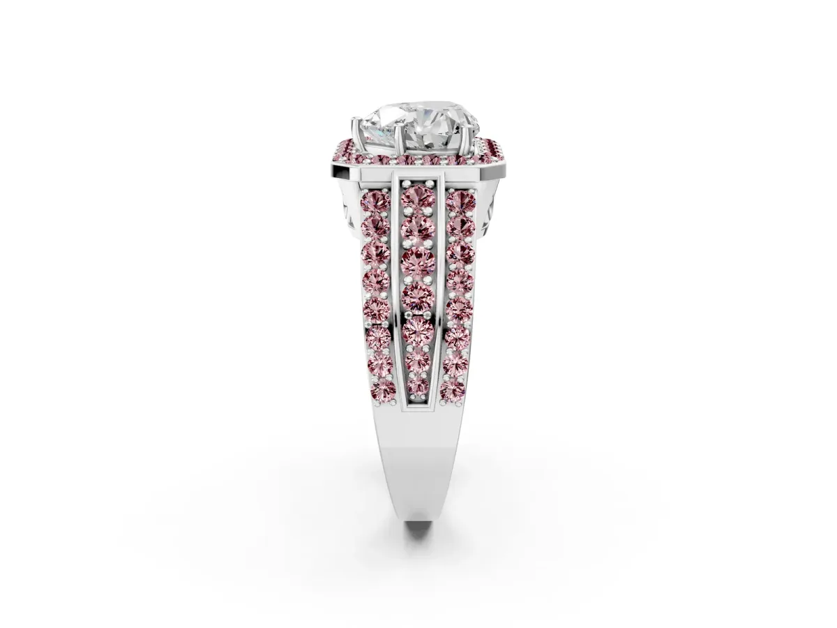 Heart Cut Halo Diamond Ring with Round Morganite Split Shank and Prong Setting Silver