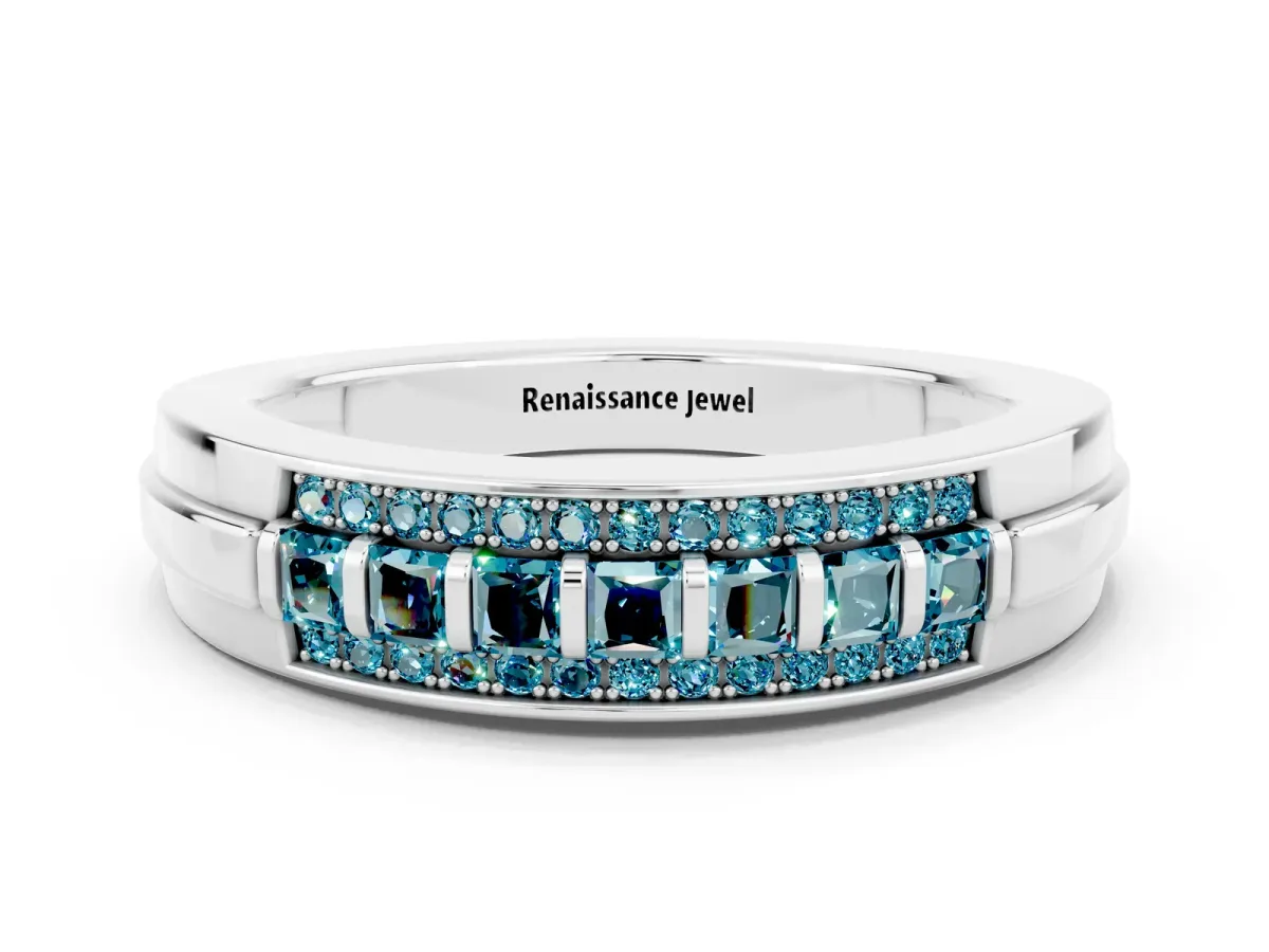 Bar-Set Princess Cut Blue Topaz Pavé Band Platinum