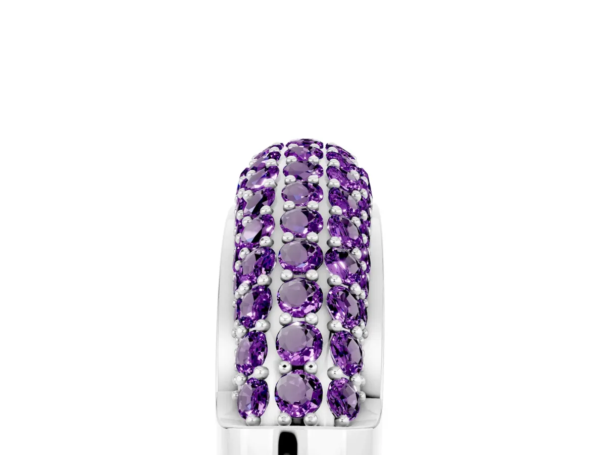 Three-Row Pavé Round Amethyst Dome Band Platinum