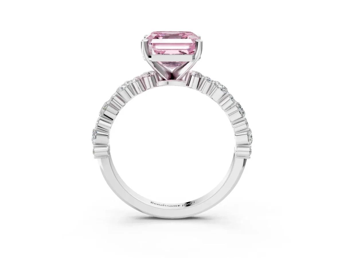 Fancy Pink Asscher Cut Diamond Side Stone Solitaire Ring with Round and Four-Prong Setting Silver