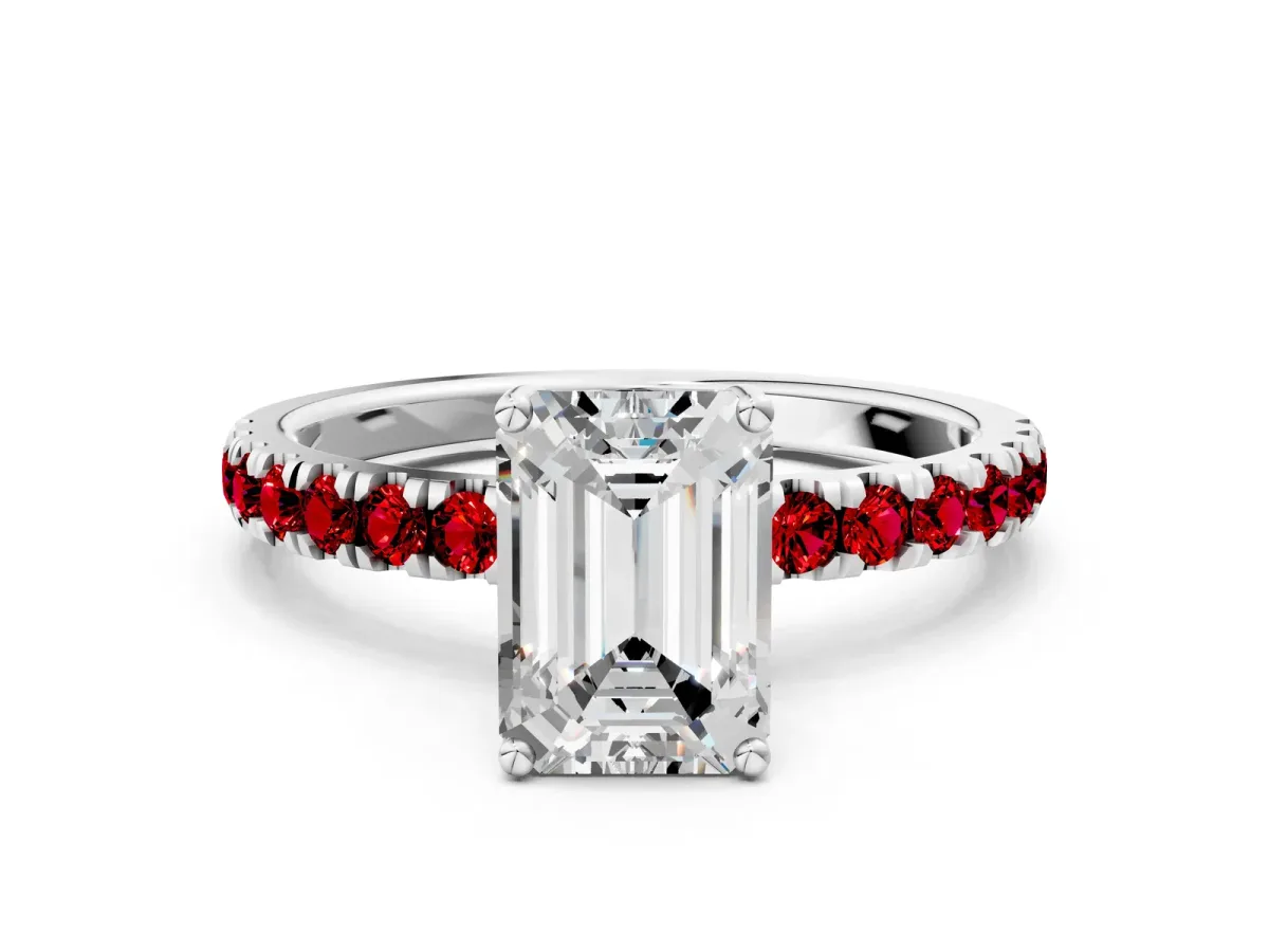 Emerald Cut Diamond Pave Band Solitaire Ring with Round Ruby and Prong Setting White gold