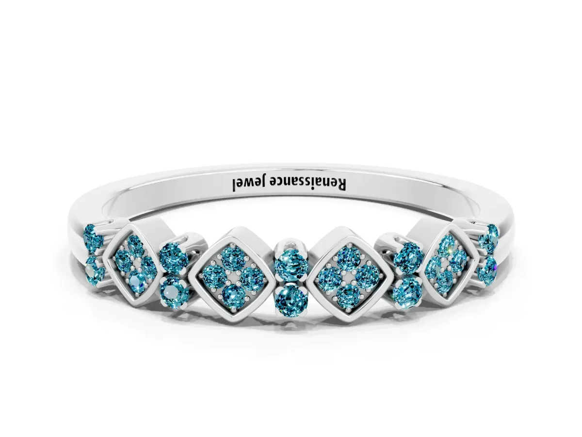 Pavé Cushion Blue Topaz Cluster Eternity Band with Prong Setting Silver