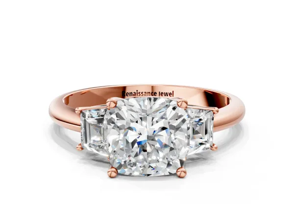 Cushion Cut Diamond Three-Stone Ring with Trapezoid Side Stones and Prong Setting Rose gold