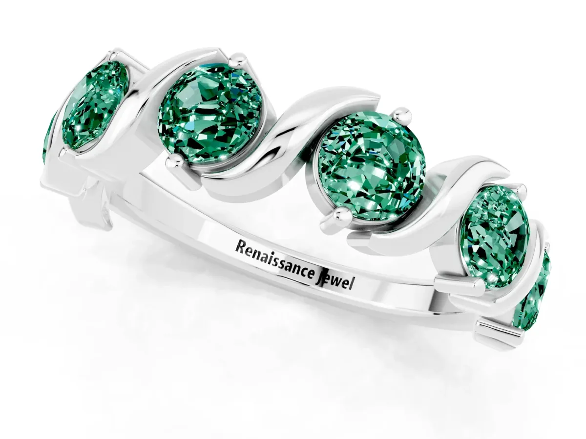 Six-Stone Round Green Sapphire Wave Band with Shared Prong Setting White gold
