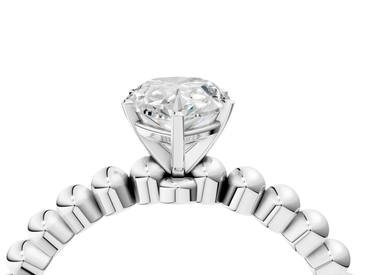 Pear Cut Diamond Solitaire Ring with Beaded Band and Prong Setting White gold