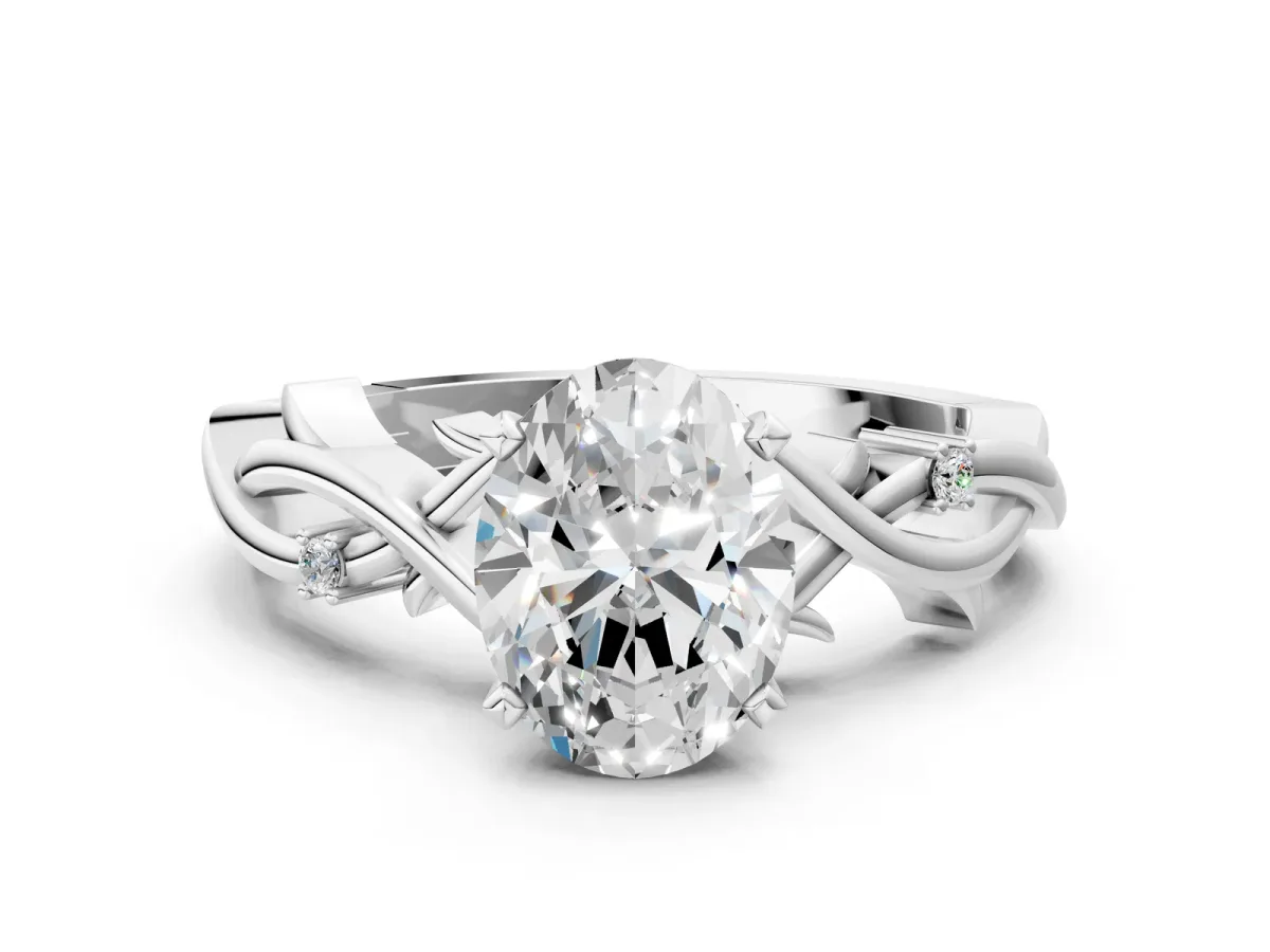 Oval Cut Diamond Solitaire Ring with Twisted Band and Prong Setting Silver