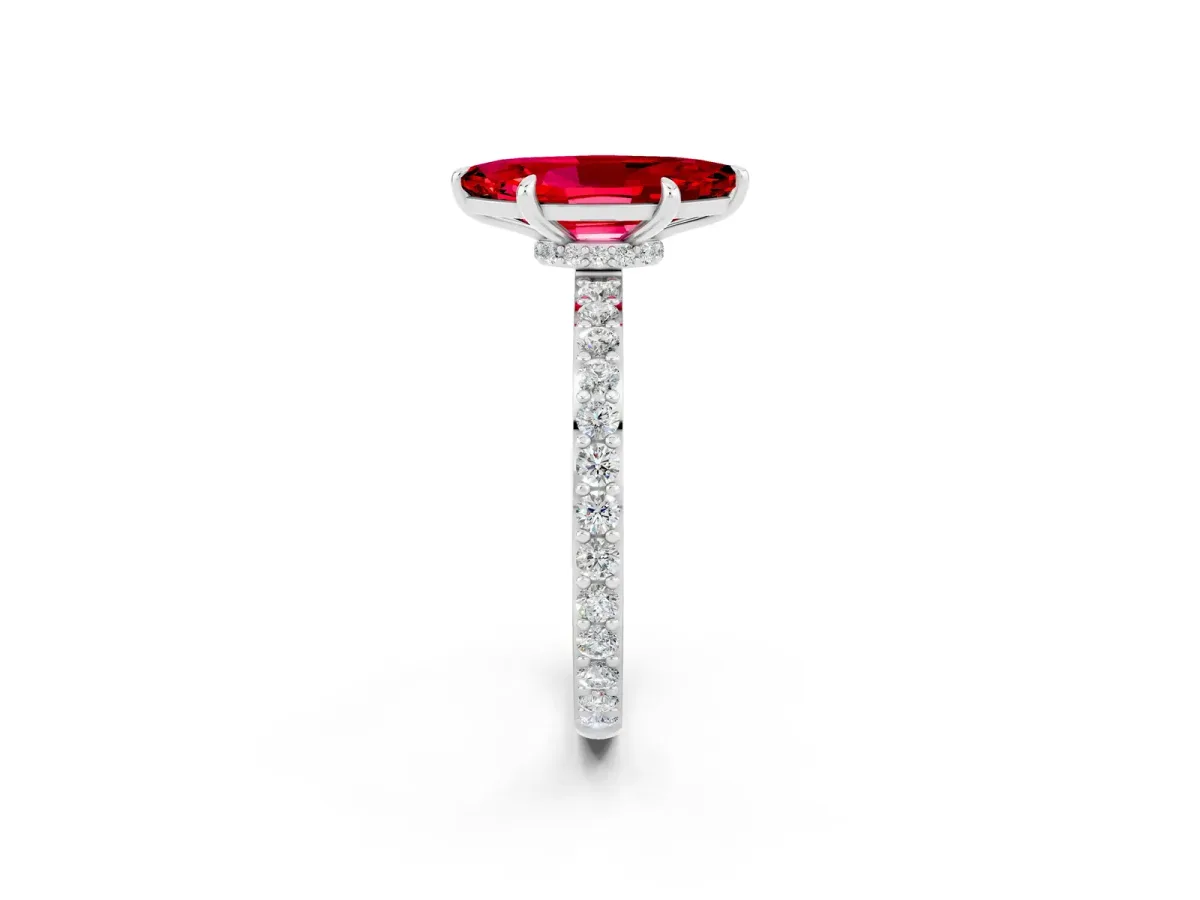 Marquise Cut Ruby Solitaire Engagement Ring with Pavé Band and Four-Prong Setting Silver