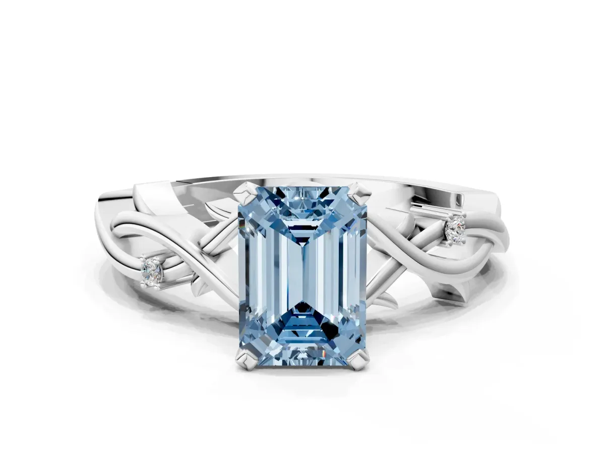 Fancy Blue Emerald Cut Diamond Solitaire Ring with Twisted Band and Prong Setting Silver