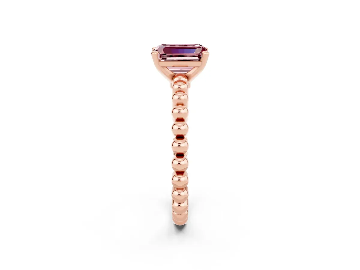 Emerald Cut Morganite Solitaire Ring with Beaded Band and Prong Setting Rose gold