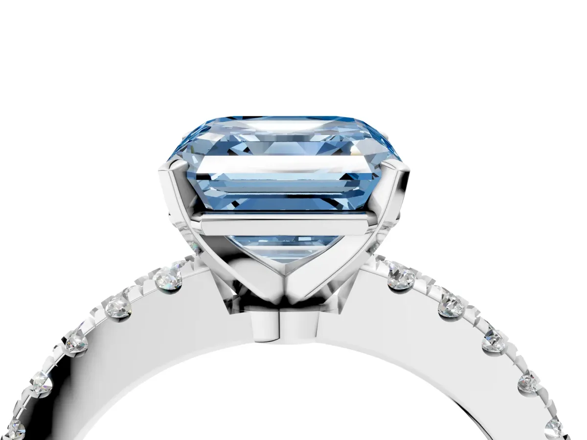 Fancy Blue Asscher Cut Solitaire Diamond with Pavé Band and Four-Prong Setting Silver