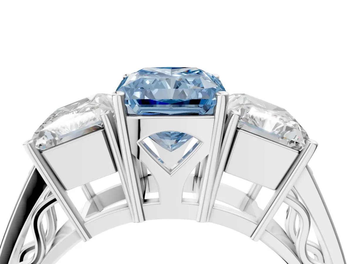Fancy Blue Radiant Cut Diamond Three-Stone Ring with Prong Setting and Textured Band Platinum