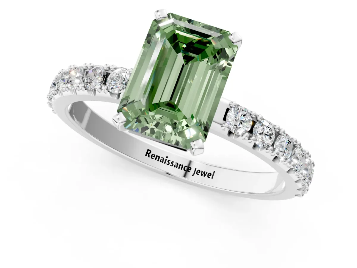 Fancy Green Emerald Cut Diamond Solitaire Pavé Band with Four-Prong Setting Silver