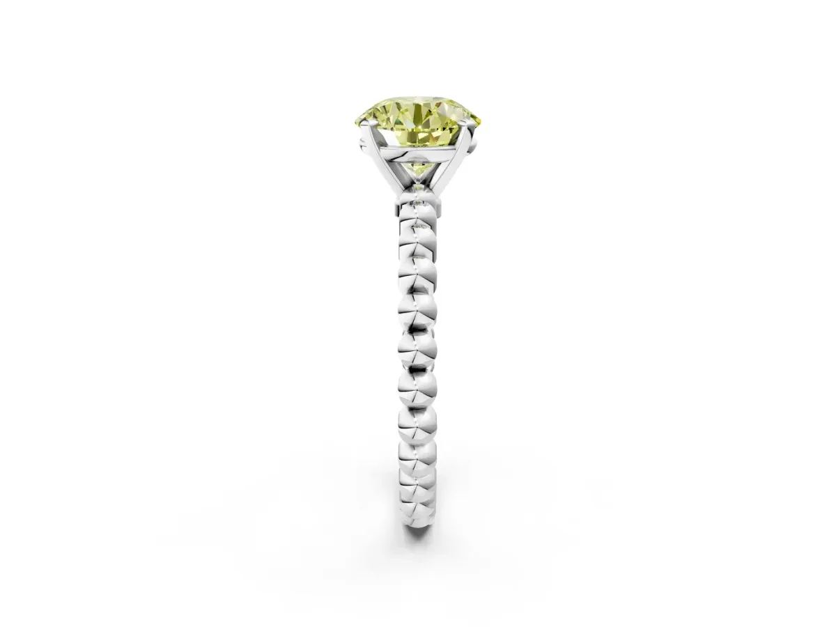 Fancy Yellow Round Cut Diamond Solitaire Ring with Beaded Band and Prong Setting Silver