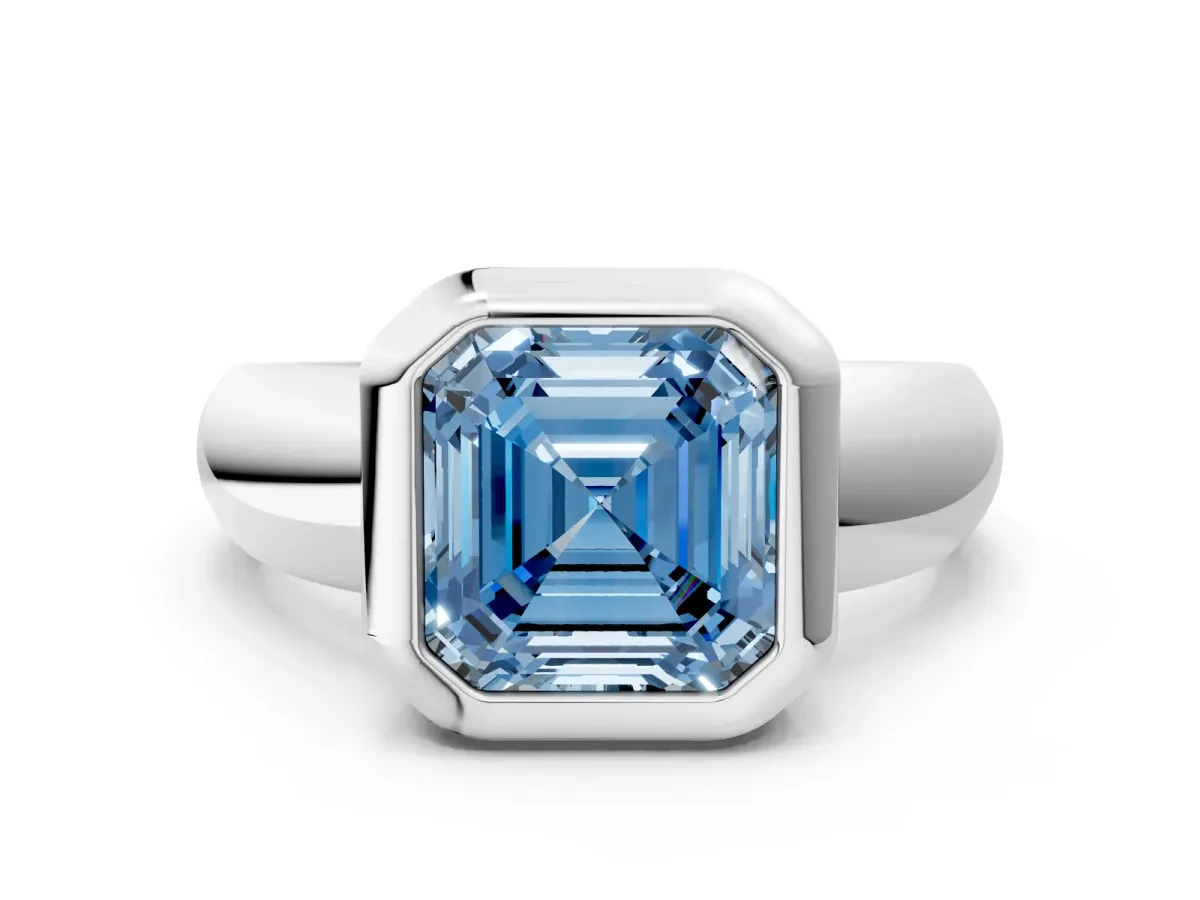 Fancy Blue Bezel Set Asscher Cut Solitaire Ring with Wide Band Platinum