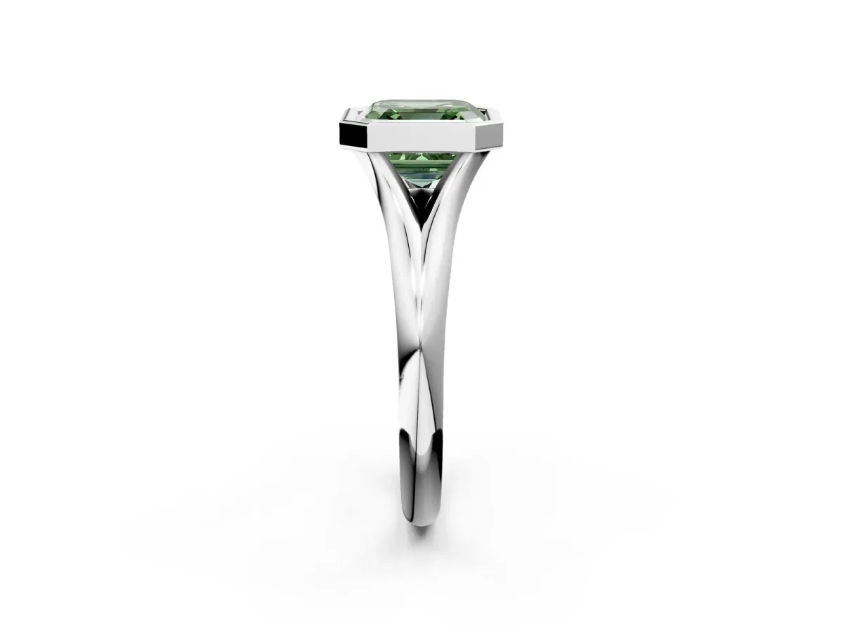 Fancy Green Bezel Set Asscher Cut Solitaire Diamond Ring with Smooth Band Platinum