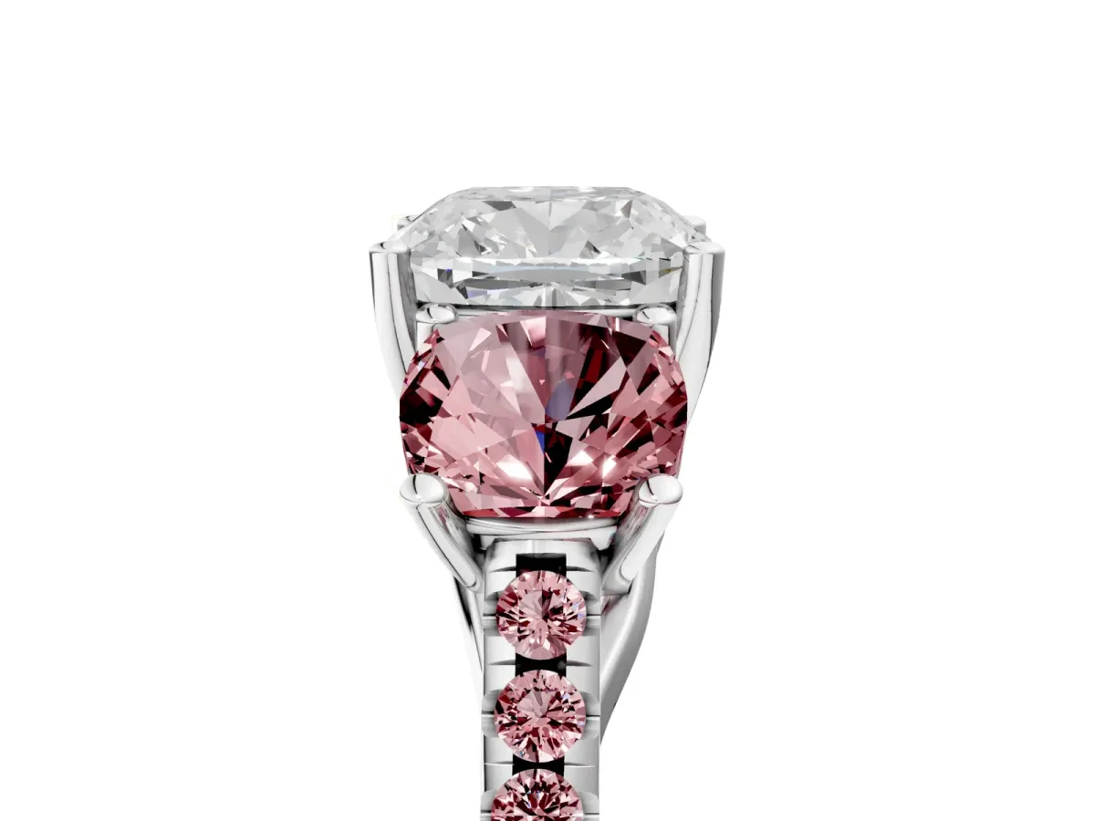 Three-Stone Cushion Cut Diamond Ring with Round Morganite Pavé Band and Prong Setting Silver