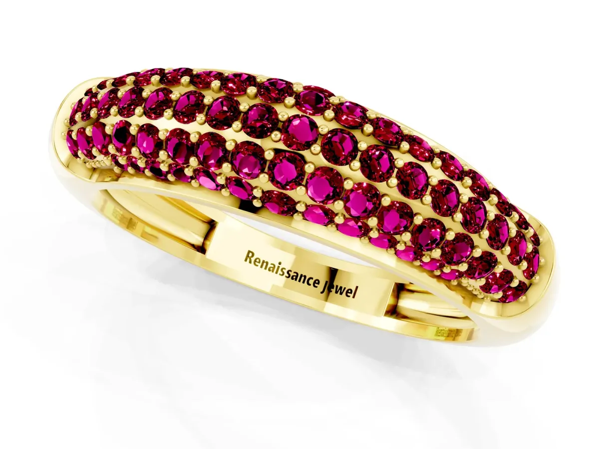 Three-Row Pavé Round Garnet Dome Band Yellow gold