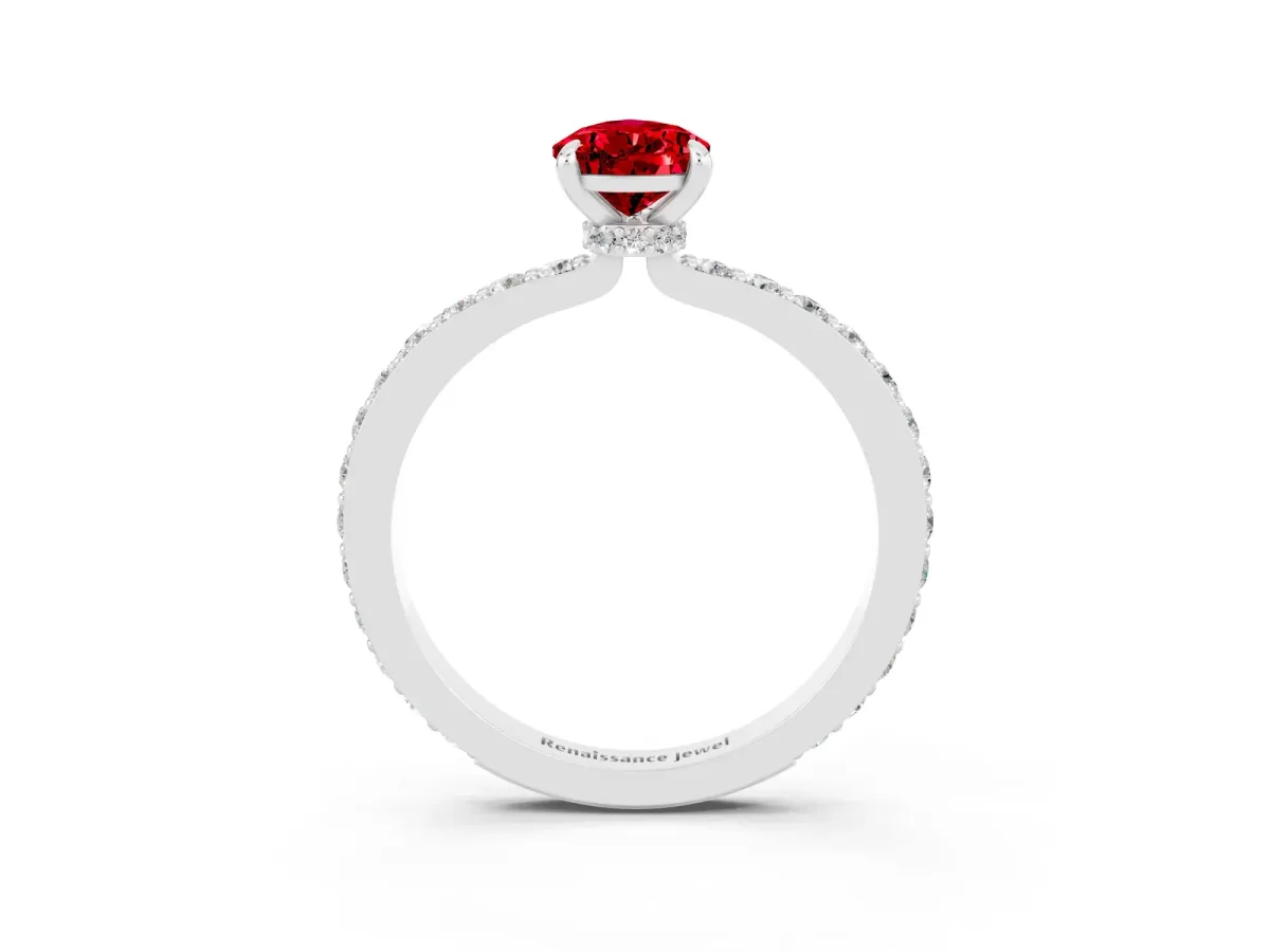 Pear Cut Ruby Solitaire Engagement Ring with Pavé Band and Four-Prong Setting White gold