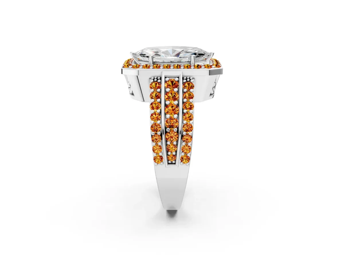 Marquise Cut Halo Diamond Ring with Round Citrine Split Shank and Prong Setting Silver