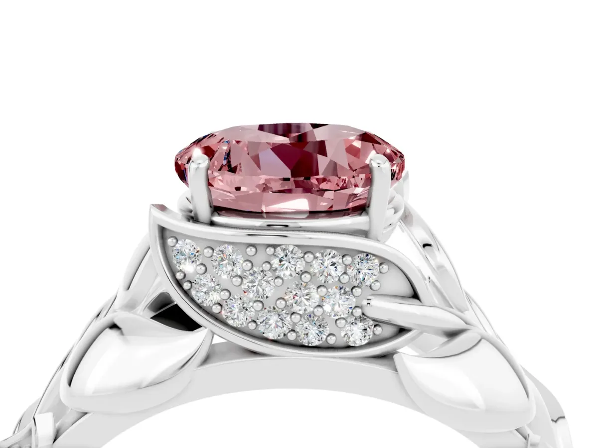 Round Cut Morganite Leaf-Inspired Engagement Ring with Round Accents and Prong Setting Silver