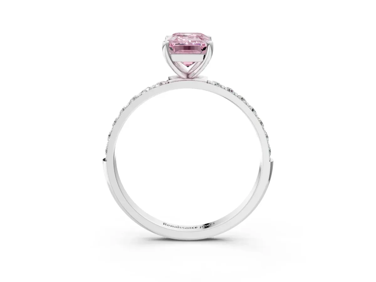 Fancy Pink Emerald Cut Diamond Solitaire Ring with Round Pavé Shoulders and Prong Setting Silver