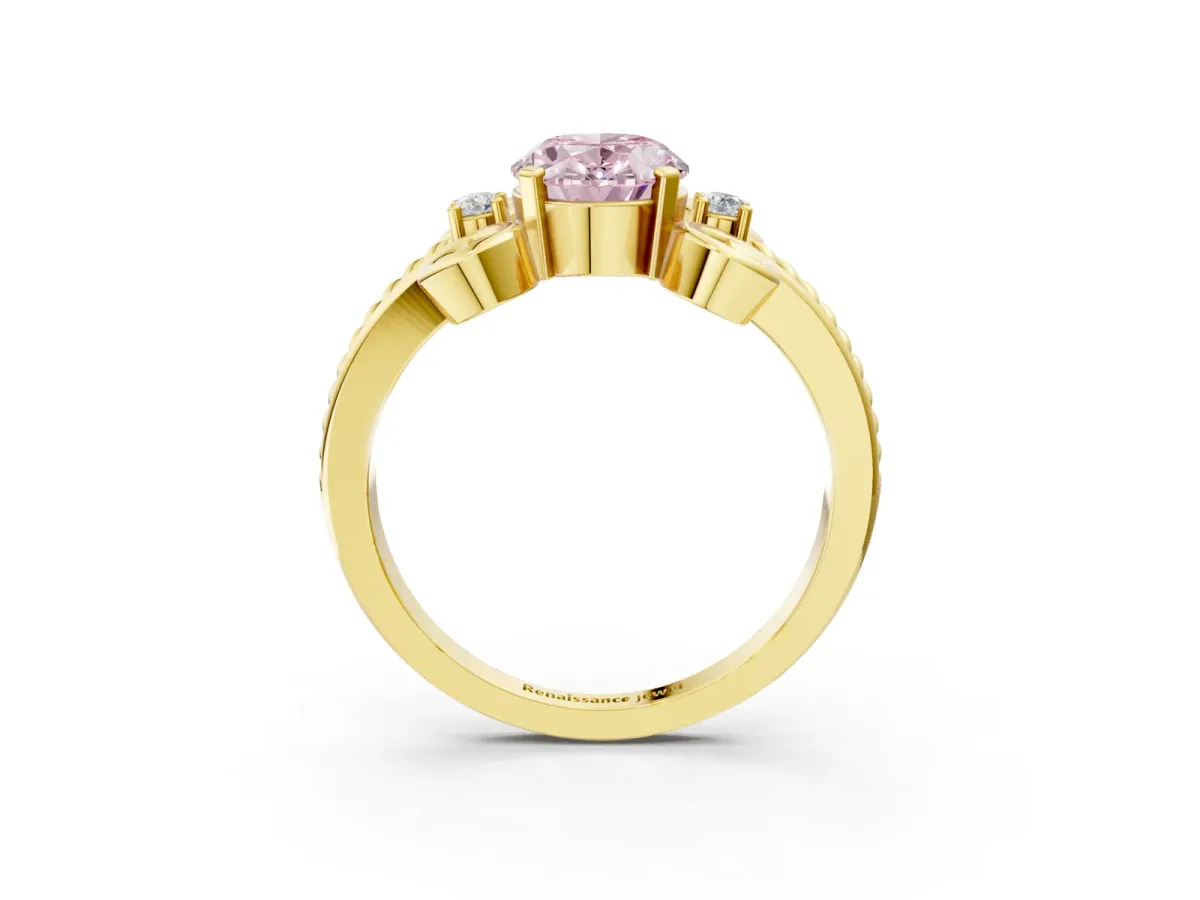 Fancy Pink Oval Cut Solitaire Twisted Band Scroll Prong Ring Yellow gold