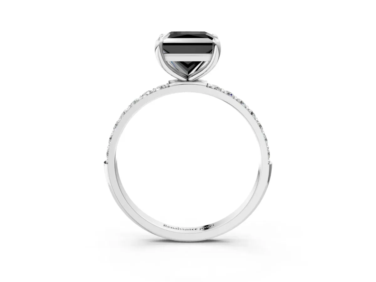 Fancy Black Princess Cut Diamond Solitaire Ring with Round Pavé Band and Prong Setting Silver
