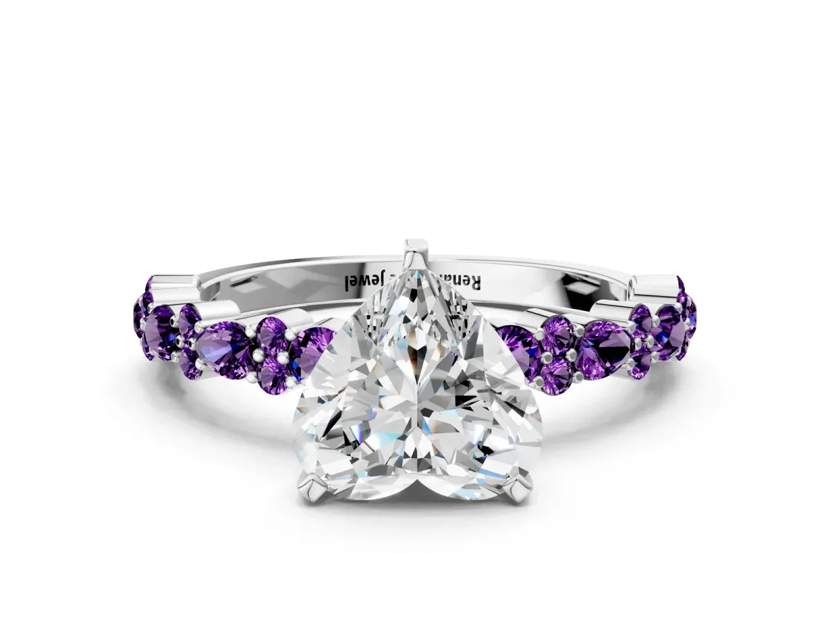 Heart Cut Diamond Side Stone Solitaire Ring with Round Amethyst and Four-Prong Setting Silver