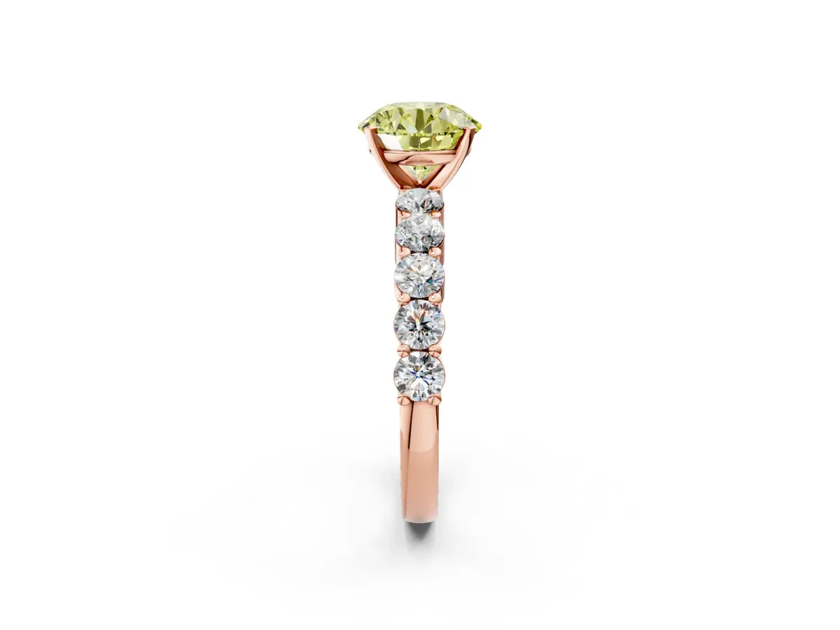 Fancy Yellow Round Cut Diamond Solitaire Ring with Shared Prong Round Side Stones Rose gold
