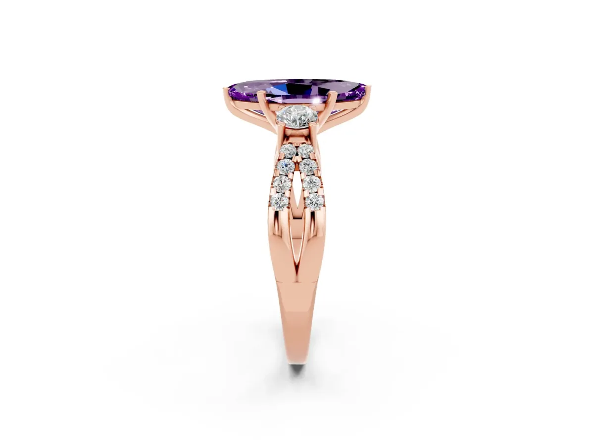 Marquise Cut Amethyst Three-Stone Ring with Pavé Split Shank and Four-Prong Setting Rose gold