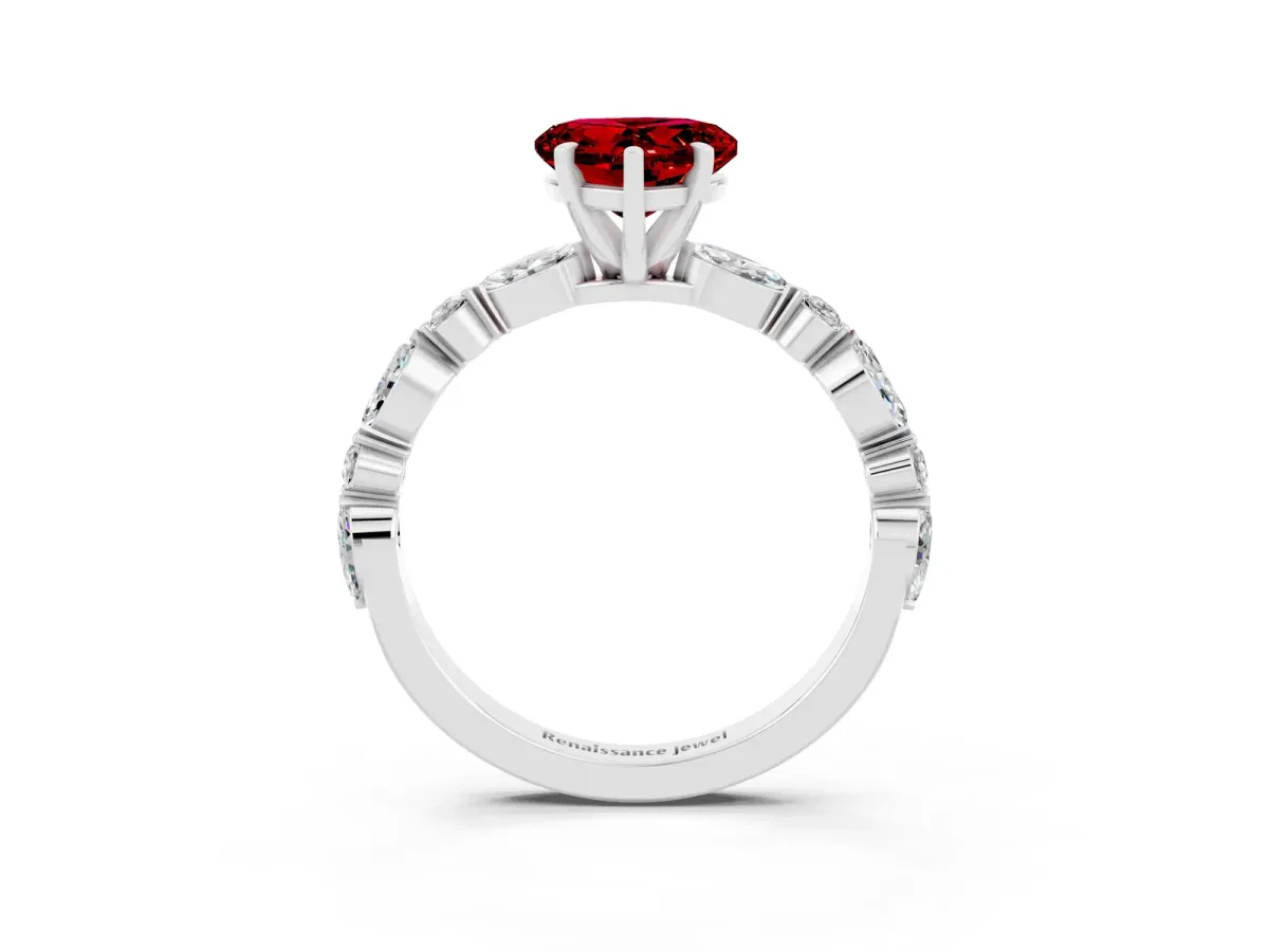 Heart Cut Ruby Ring with Marquise and Round Side Stones and Four-Prong Setting Platinum