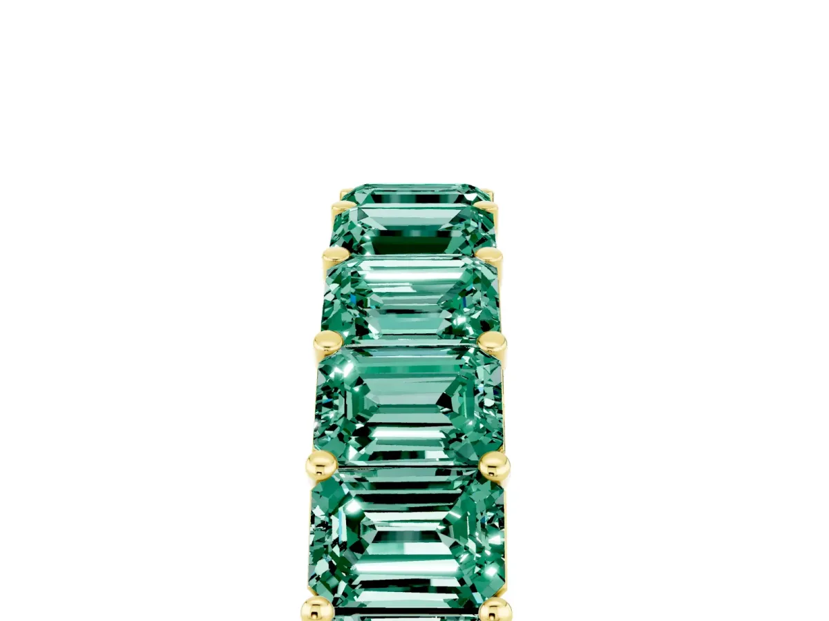 Emerald Cut Green Sapphire Eternity Band with Shared Prong Setting Yellow gold